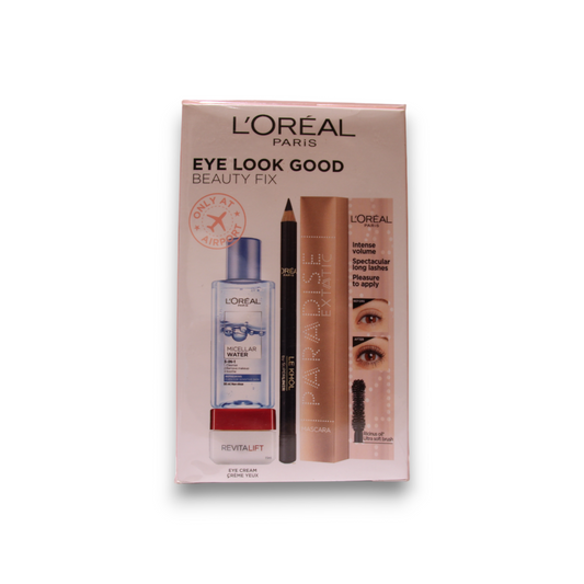 Eye Look Good Beauty Fix Set L'Oreal Paris: L'Oreal Paris, Cleansing, Micellar Water, For All Skin Types, 95 ml + Paradise Extatic, Volumizing, Mascara, Black, 6.4 ml +  Le Khol By Superliner, Kohl Eyeliner, 101, Midnight Black, 1.2 g + Revitalift,…